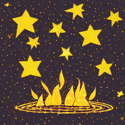 Prompt: a comfy crackling campfire in front of a warm dark background of yellow illustrated stars, astrophotography, tiny stars, warm muted colors, cut paper collage with photograph and illustration