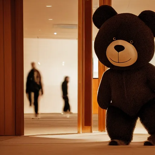 Image similar to dark photograph of a small bear mascot with a spotlight focused on him walking through a large wooden doorway