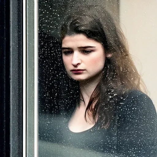 Prompt: eve hewson looking out a window on a rainy night