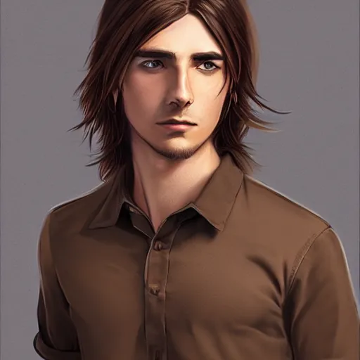 Image similar to a young man with long hair wearing a brown shirt, a character portrait by lydia field emmet, trending on cg society, photorealism, wiccan, handsome, ilya kuvshinov