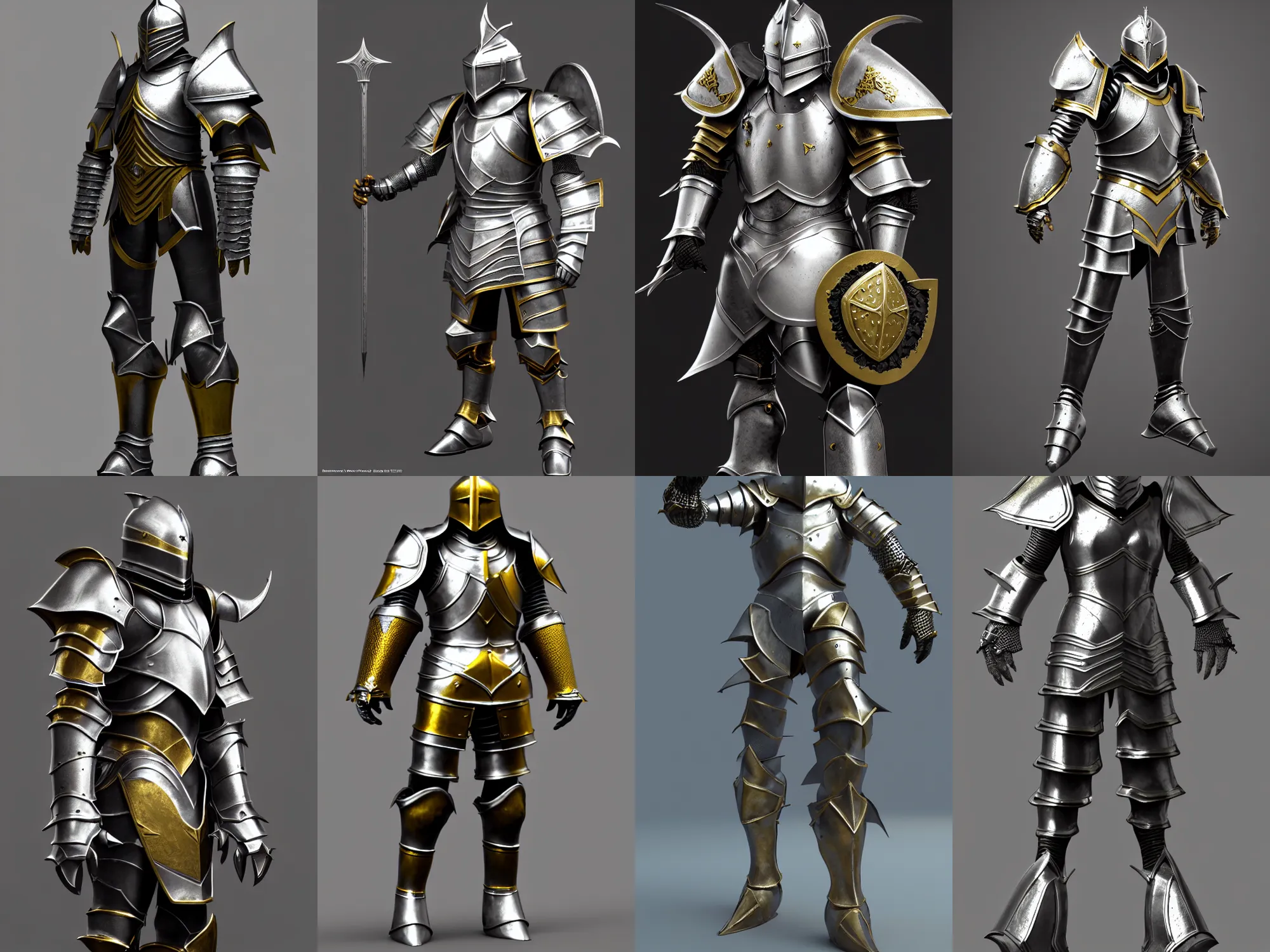 Prompt: render of fantasy knight armor, silver with gold trim, huge stylized pauldrons, medieval fantasy, extremely clean, exaggerated proportions, trending on Artstation, HD Octane render, 8k