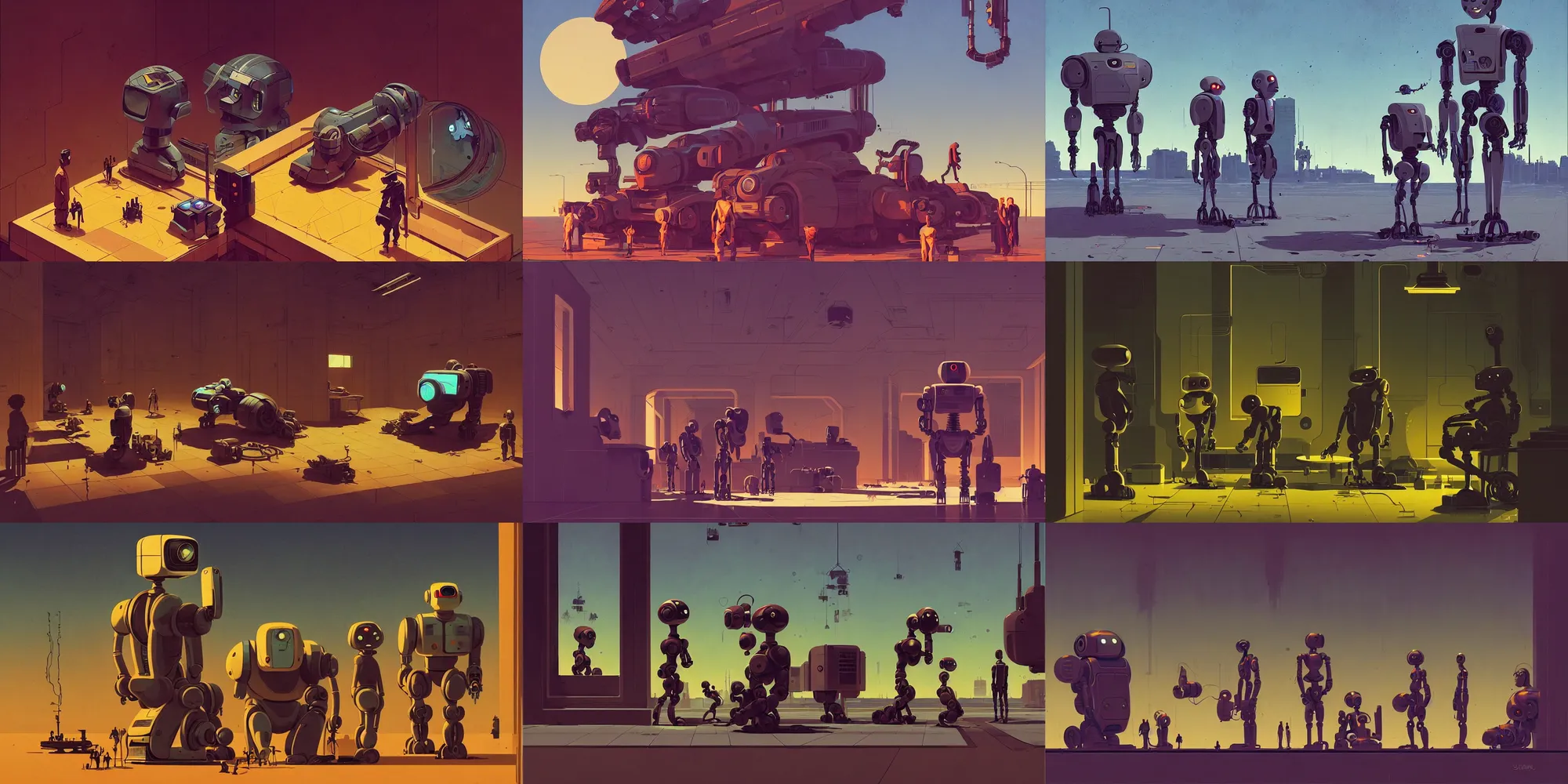 Prompt: the future is abandoned by robots and cyborgs are enjoying learning how to love, art by syd mead mike mignola fernando de felipe david rubin, composition by simon stalenhag, soft lighting, rule of thirds, golden ratio, fiibonacci, phi