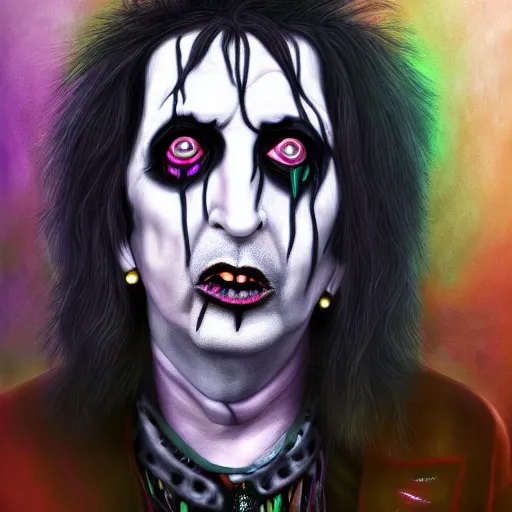 Image similar to an extremely psychedelic portrait of alice cooper as marilyn manson, surreal, lsd, face, detailed, intricate, elegant, lithe, highly detailed, digital painting, artstation, concept art, smooth, sharp focus, illustration,