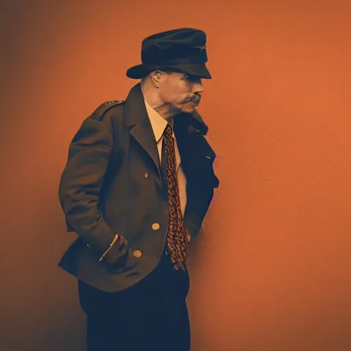 Prompt: private detective. navy and burnt orange hues. dramatic shadows, shallow depth of field, split lighting