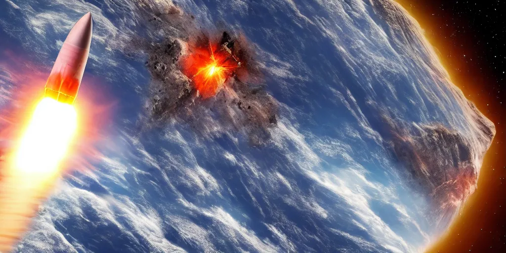 Image similar to a powerful missile launched from earth towards a huge asteroid just seconds before destroying earth, 4k, high detail