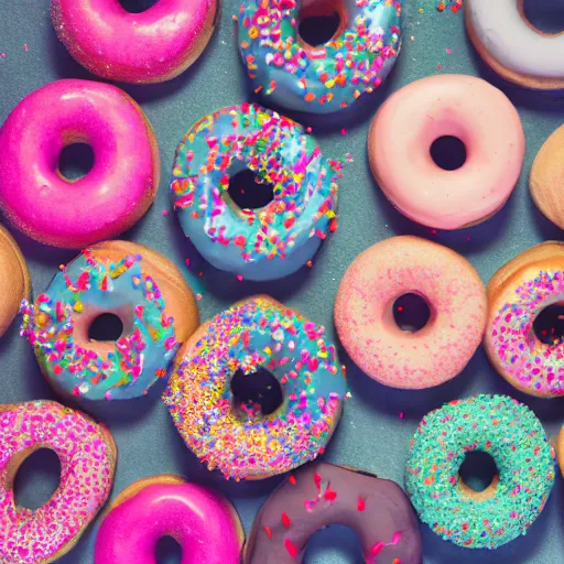 Image similar to photo of toilet filled with pink-frosted donuts and colorful sprinkles, 50mm, beautiful photo