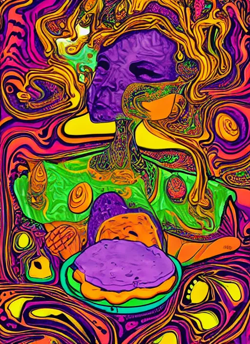 Prompt: psychedelic art of mother making peanut butter and jelly sandwiches, spiritual art of the matriarch in the kitchen, lysergic, mushrooms, dmt, maternal, motherly, warm, wholesome