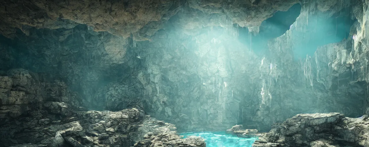 Image similar to Beautiful derelict ancient mountain cave with engravings all over the walls, volumetric lighting beaming through a crack in the roof shining on a turquoise clear pool. A soft glow slightly dusty atmosphere. Wallpaper. Ultra HD, V-ray, Octane Render, 8k, Sharp, Detailed, Maximalism. Stunning