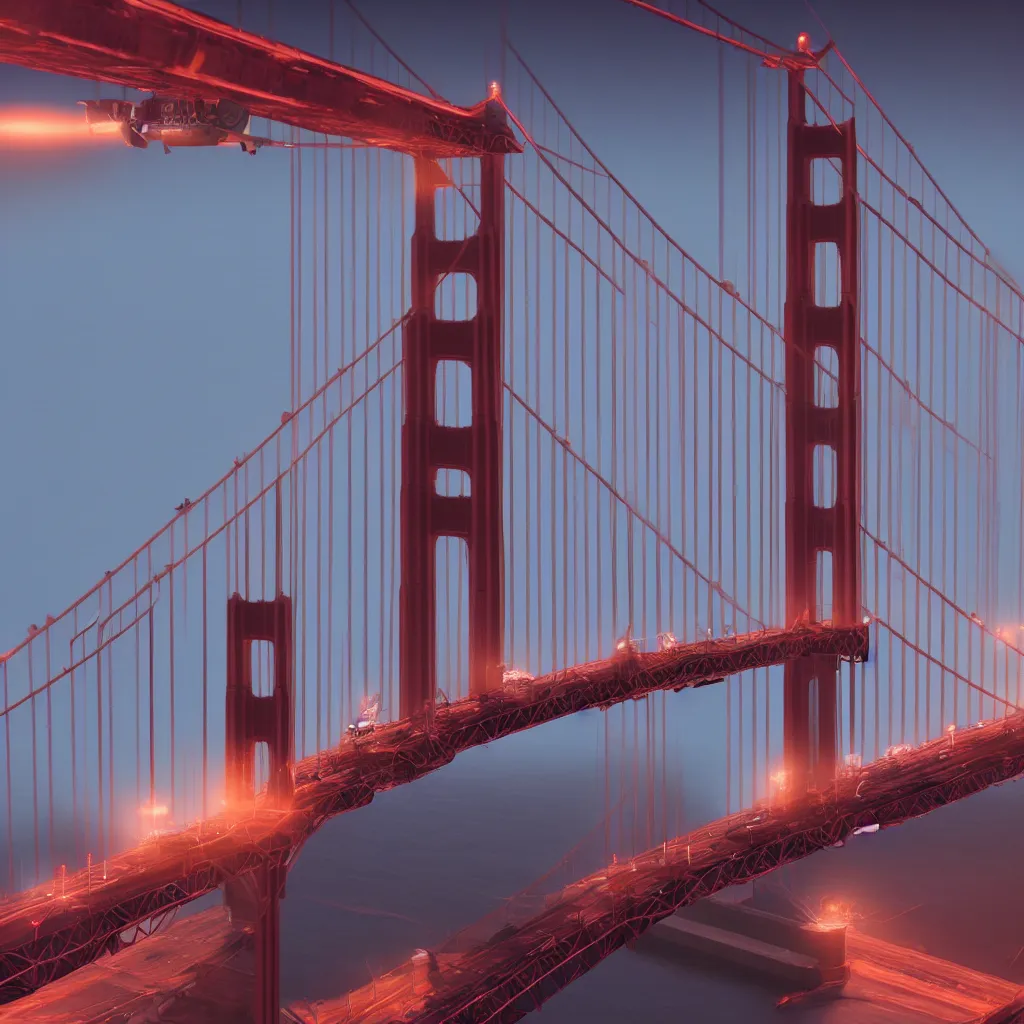 Image similar to A Volvo spaceship flying over the Golden Gate Bridge, cinematic lighting ultra detail ultra realistic photo realistic octane render 4k