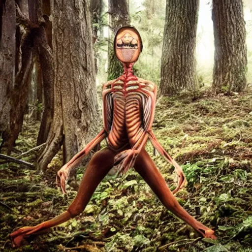 Image similar to closeup photo of human partially mutating into an anthropomorphic insect, in the forest. physiological transformation ; hybrid creature. highly - detailed ; photorealistic.