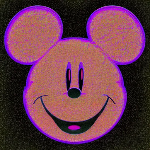 Image similar to mickey mouse head, distorted, vhs glitch, varied textures, wet, mycelium, scaly, broken, melting fractal