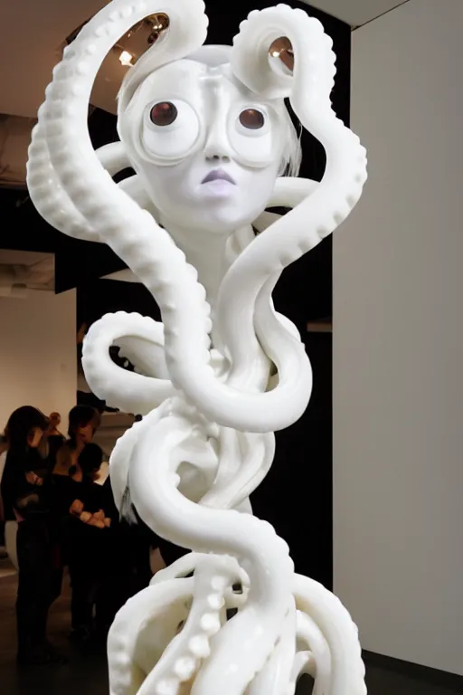 Prompt: full head and shoulders, beautiful porcelain female person, with lots and lots of black, realistic eyeballs, smooth, delicate facial features, white lashes, 3 d white shiny thick, large octopus tentacles in hair, standing in an art gallery by daniel arsham and james jean