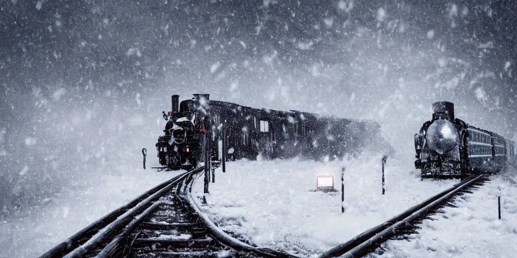 Image similar to a high detail photograph of a heavy steam train in the snow under a blizzard, realism, 4 k, award winning photograph, octane render,, bloom, dramatic lighting, cinematic, high details