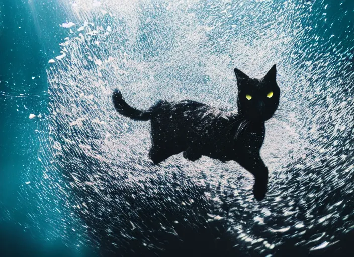 Image similar to a photograph of a black cat swimming deep in the ocean among fish, focus shot, 35mm film, award winning photography, National Geographic, 8k resolution, ultra detail, underwater sun lighting