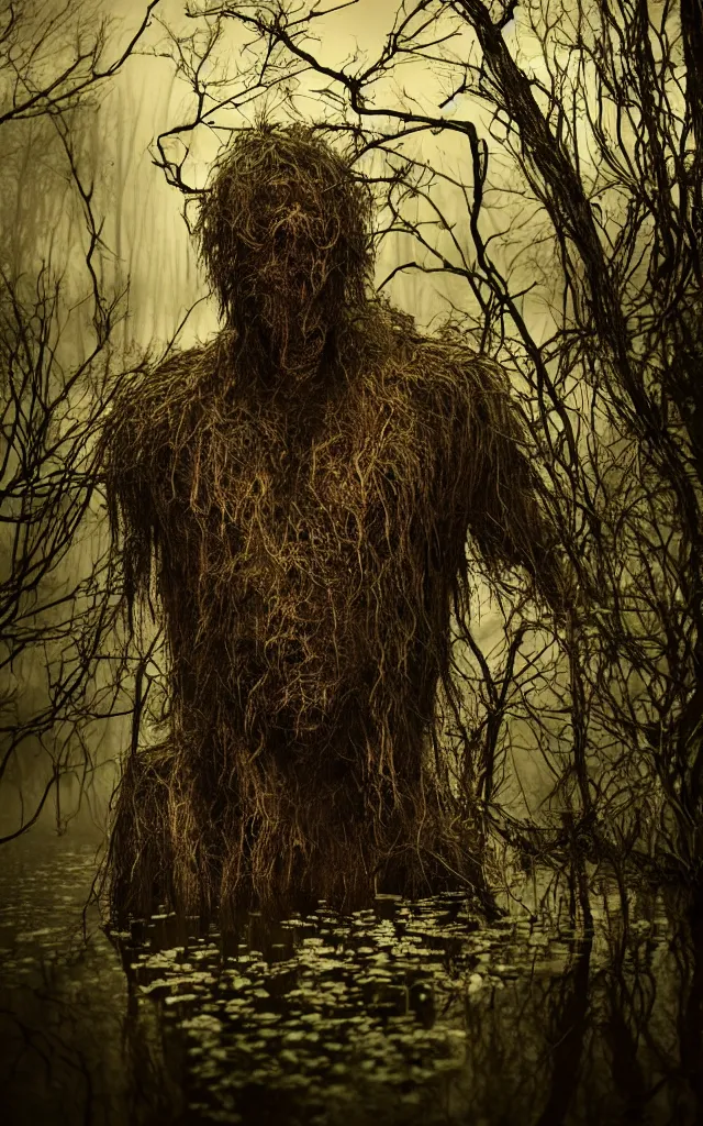 Prompt: a portrait of a swamp monster in a wooded bog at night, cinematic, wildlife photography, moody lighting