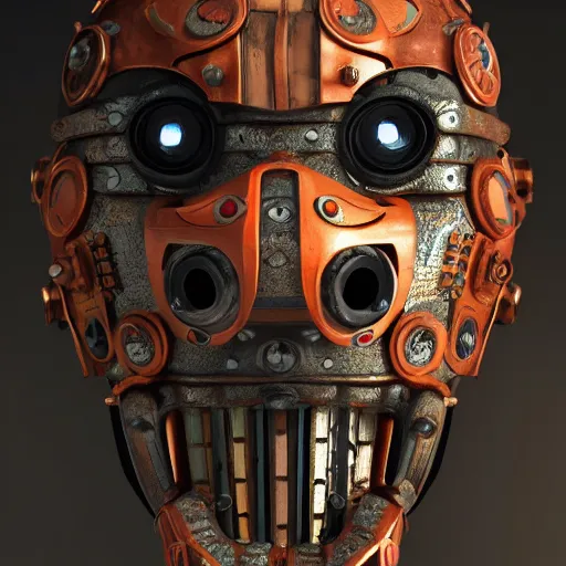 Image similar to steampunk tribal mask, robot, japanese pottery, vivid colors, wood, metal, intricate details, trending on cgsociety, concept art, glowing eyes, sharp focus, ultra realistic details, cinematic atmosphere, global illumination, shadows, octane render, 8 k