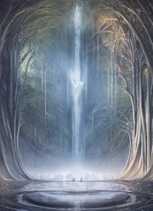 Prompt: Rivendell Himeji hallucination, amazing concept painting, by Jessica Rossier A gleaming white opera hall fortress overlooks a fertile valley, brutalist deak ferrand Jean-pierre Ugarte bases, garden of eden, by HR giger by Beksinski,