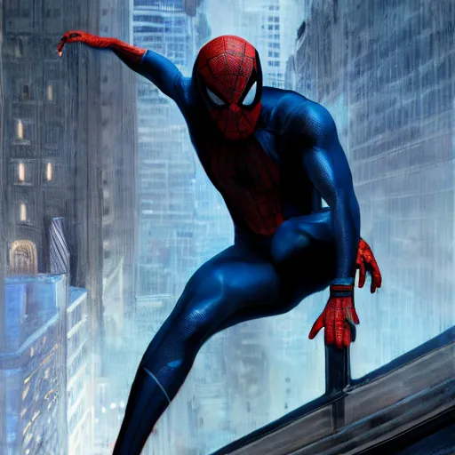 Image similar to ryan reynolds as spider - man, wearing a black and blue suit, cinematic, volumetric lighting, f 8 aperture, cinematic eastman 5 3 8 4 film, photorealistic by greg rutkowski, by stanley artgerm, by alphonse mucha