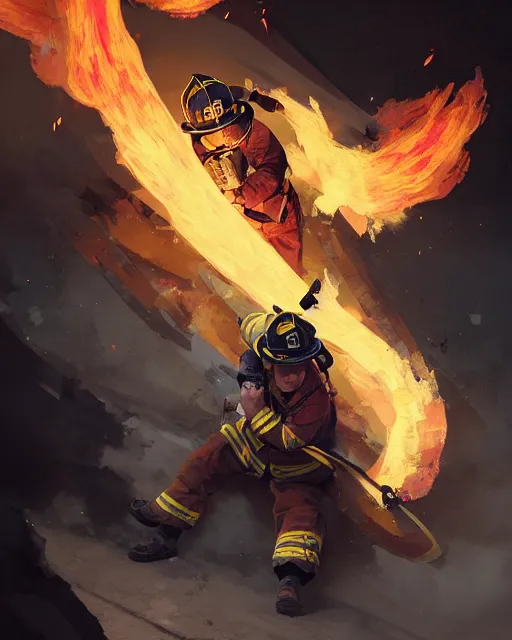 Image similar to heroic firefighter in action in black and yellow uniform, fire flames, sharp details, sharp focus, elegant, highly detailed, illustration, by jordan grimmer and greg rutkowski and pine ( ハイネ ) and 薯 子 imoko and 香 川 悠 作 and wlop and maya takamura, intricate