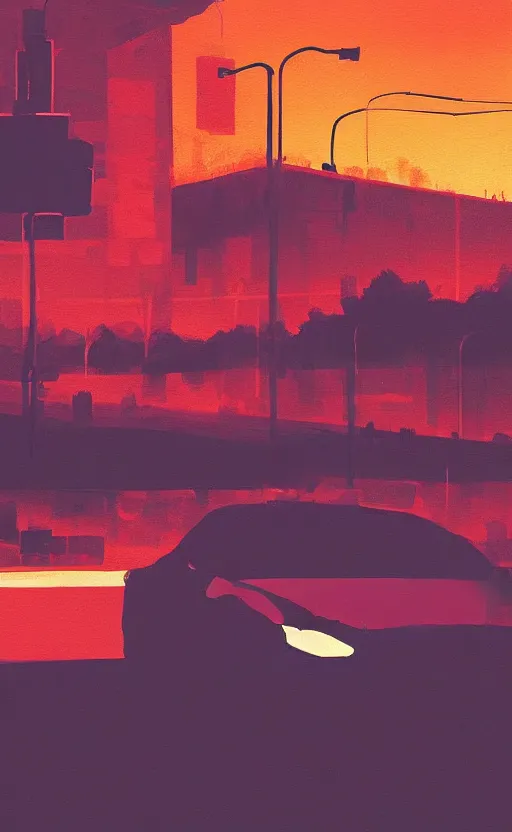 Image similar to a beautiful illustration of a car parket near a highway at sunset, silhouette of a man smoking a cigarette, art of alena aenami, featured on artstation, vertical orientation, paint brush strokes, expressionism, brushstroke - laden