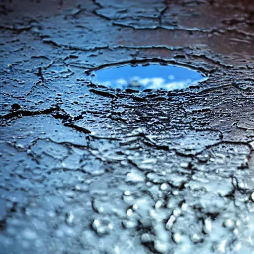 Prompt: close up of a puddle reflecting the night sky, complex, high detail