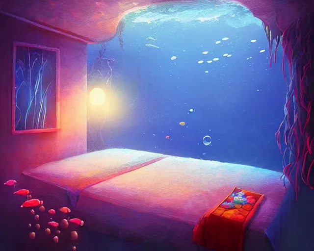Prompt: underwater bedroom in a fantasy whimsical dreamscape, sparkling, bubbles, radiant light, coral reef, sea blooms, fantasy art by alena aenami and greg rutkowski