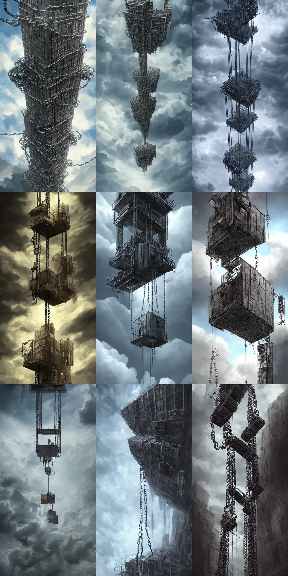 Prompt: matte painting elevator cabin hanging from the clouds by chains. dynamic perspective. urban, detailed digital art trending in artstation