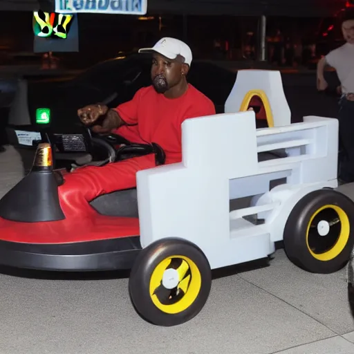 Prompt: Kanye West driving in a go-kart in a mcdonalds drive thru, 8k
