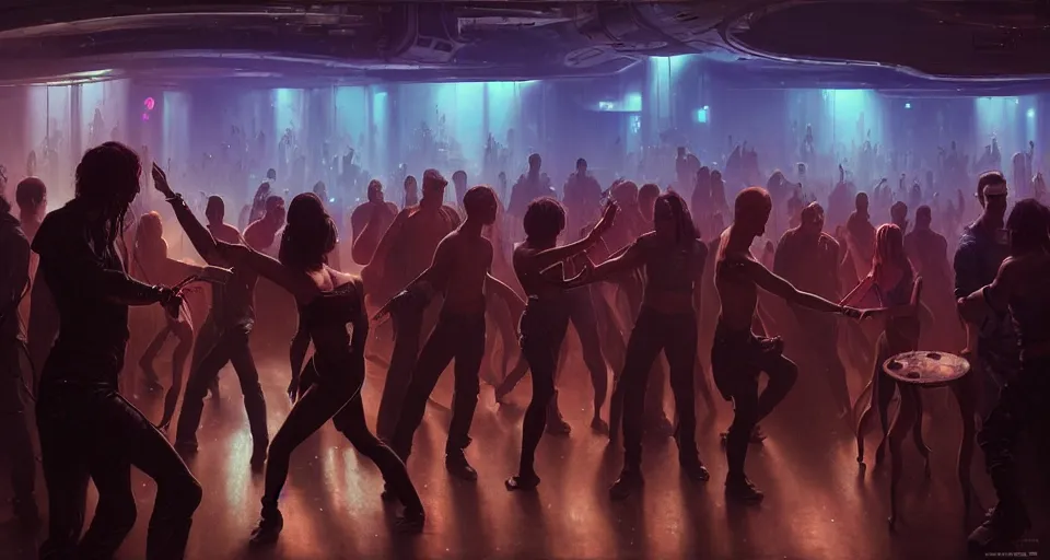 Image similar to hyper realistic sci - fi matte concept art painting of people dancing in a cyberpunk club, beautiful details, strong composition painted by kim jung guweta studio rutkowski, james gurney and greg rutkowski, and lucasfilm, smooth, intricate, detailed, sharp focus, cinematic