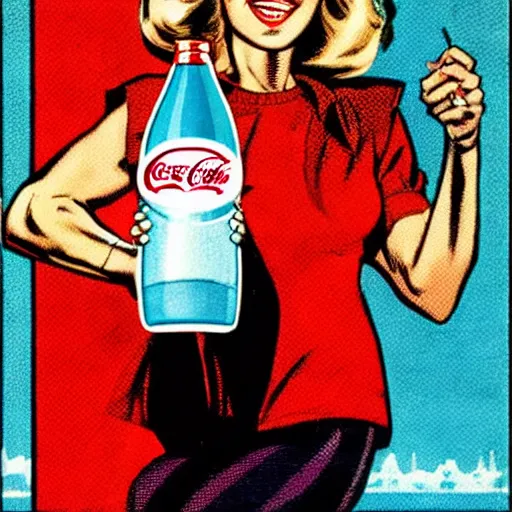 Prompt: a 1980s supermodel holding a coke bottle in her left hand about ready to take a sip, comicbook silver age style