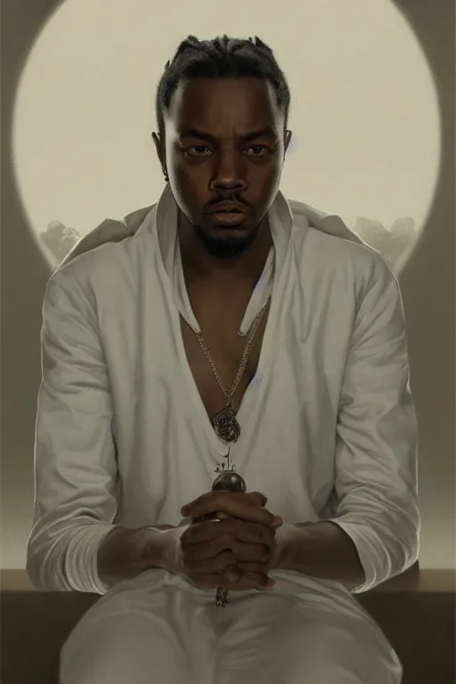 Image similar to ultra realistic kendrick lamar, background is white and blank, elegant, highly detailed, digital painting, concept art, smooth, sharp focus, illustration, art by greg rutkowski and alphonse mucha