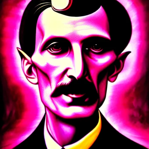 Image similar to An extremely psychedelic portrait of Nikola Tesla, surreal, LSD, face, detailed, intricate, elegant, lithe, highly detailed, digital painting, artstation, concept art, smooth, sharp focus, illustration