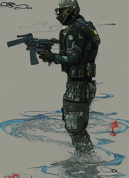 Image similar to Andrea. USN blackops operator emerging from water at the shoreline. Operator wearing Futuristic wetsuit and looking at an abandoned shipyard. Frogtrooper. rb6s, MGS, and splinter cell Concept art by James Gurney, Alphonso Mucha. Vivid color scheme.