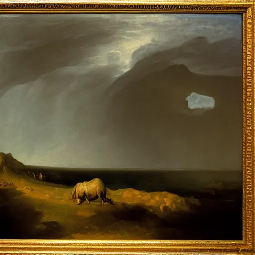 Image similar to goya the colossus painting, giant on the horizon, colossus in background, made of stone, atmospheric haze, stormy, tundra, hudson river school, princess in foreground, large scale