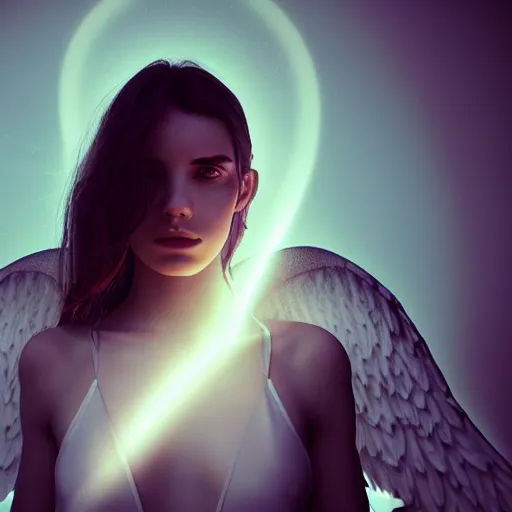 Image similar to portrait art of female angel by alessio albi 8 k ultra realistic, angel wings, lens flare, atmosphere, glow, detailed, intricate, full of colour, cinematic lighting, trending on artstation, 4 k, hyperrealistic, focused, extreme details, unreal engine 5, cinematic, masterpiece