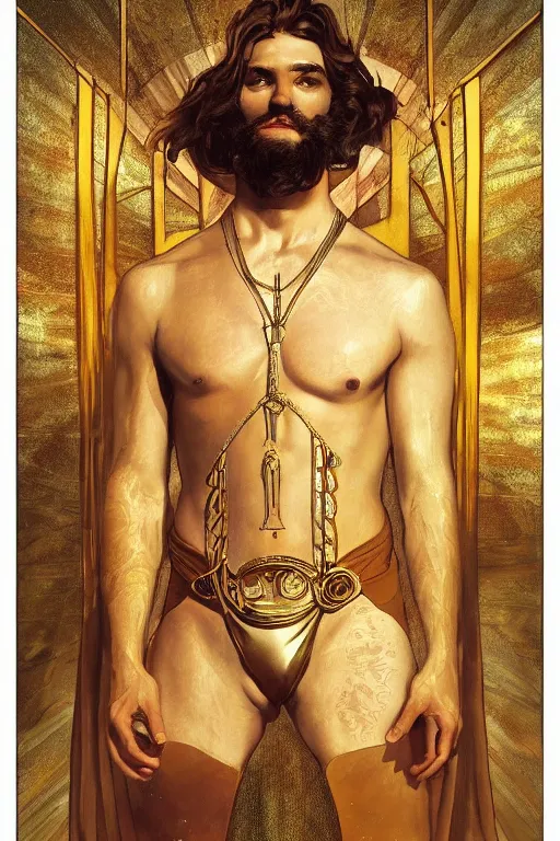 Prompt: a dramatic ethereal epic symmetrical painting of a handsome caucasian cowboy in a gold outfit | tarot card, art deco, art nouveau, (steampunk), homoerotic, realistic | by Dresden Codak, by Mark Maggiori and ((((Alphonse Mucha))) | trending on artstation