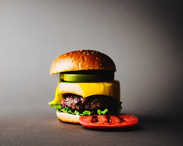 Image similar to big juicy burger, depth of field, food photography, uplight, isometric, studio, bokeh, gmaster, cooking, food, kodak, sony, canon