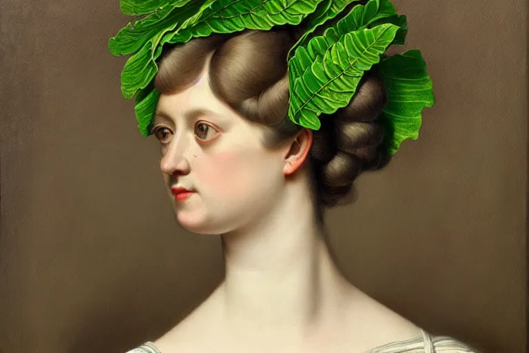 Image similar to franz szony style : a wonderful realistic closed portrait of woman with a majestic intricate and bizarre intertwined ramifications of leaves hairstyle and a semi transparent green cotton dress - h 7 6 8