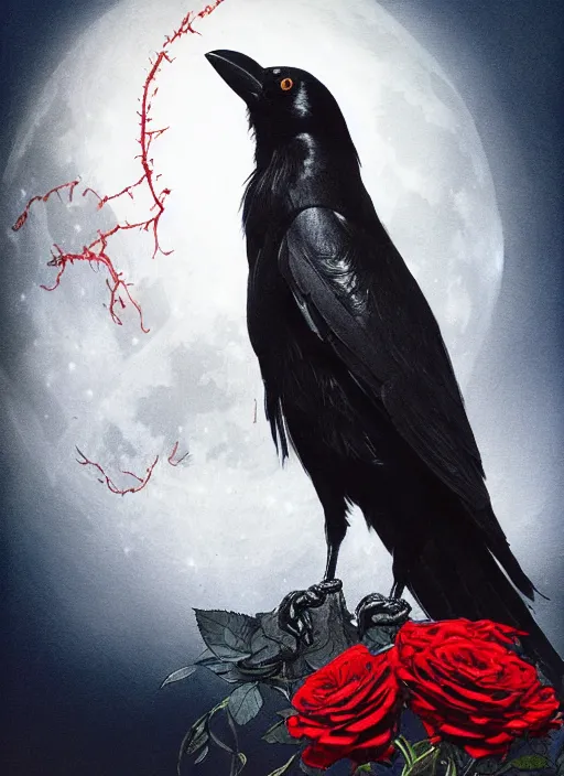 Image similar to portrait, A crow with red eyes in front of the full big moon, book cover, red roses, red white black colors, establishing shot, extremly high detail, foto realistic, cinematic lighting, pen and ink, intricate line drawings, by Yoshitaka Amano, Ruan Jia, Kentaro Miura, Artgerm, post processed, concept art, artstation, matte painting, style by eddie mendoza, raphael lacoste, alex ross