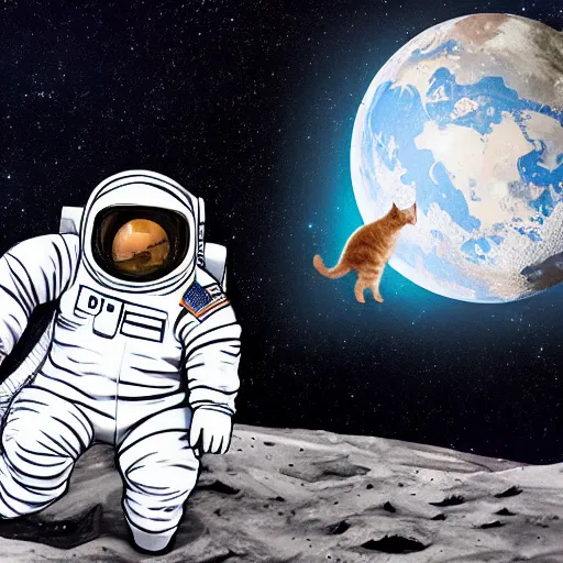 Image similar to ln illustration cat wearing astronaut suit on the moon planet earth in the background sigma 1 4 mm f / 1. 8 astroied belt