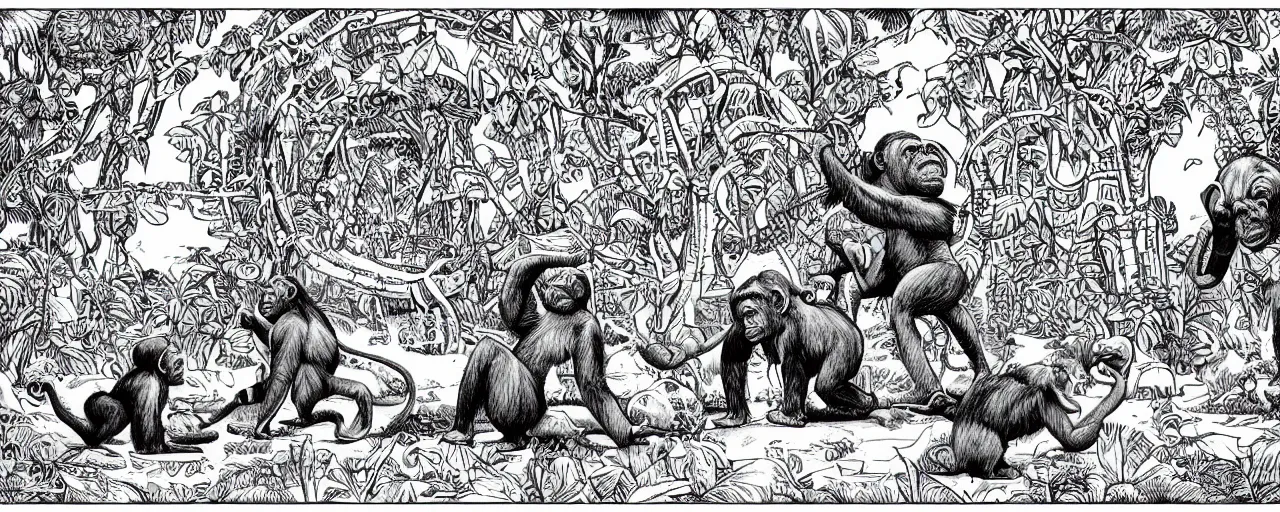 Image similar to the chimpanzee globe trotters go to an elephant wonderland inside the hollow earth where emotions are math and math is love, black and white in the style of jim woodring