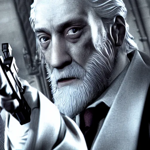 Image similar to Albus Dumbeldore in the mafia using guns photorealistic, 4k