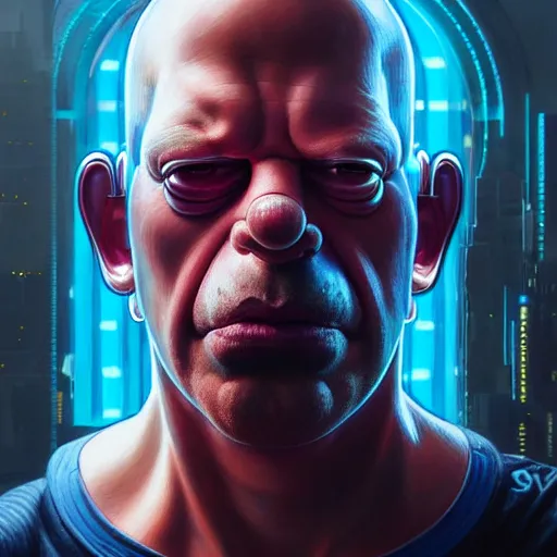 Image similar to portrait painting of cyberpunk homer simpson, ultra realistic, concept art, intricate details, eerie, highly detailed, photorealistic, octane render, 8 k, unreal engine. art by artgerm and greg rutkowski and magali villeneuve and alphonse mucha