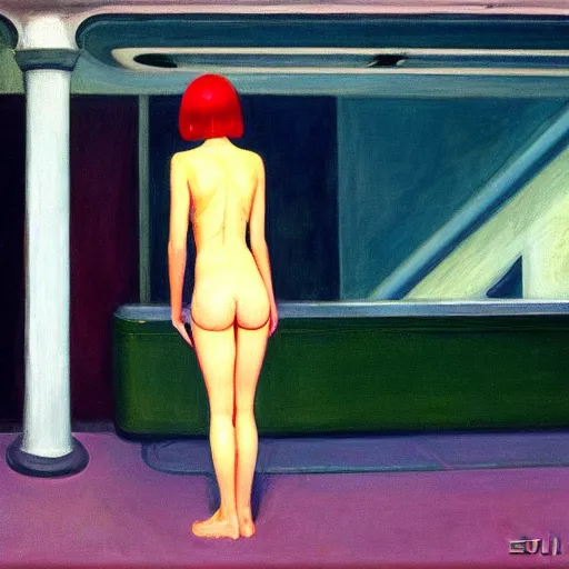 Prompt: alien girl lost in the subway by Edward Hopper