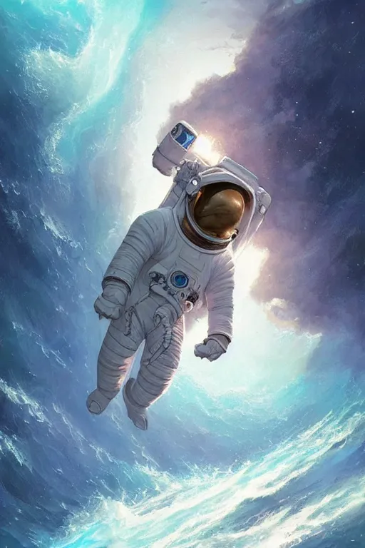 Image similar to astronaut lost in the ocean, space themed, highly detailed, digital painting, artstation, concept art, smooth, sharp focus, illustration, art by artgerm and greg rutkowski