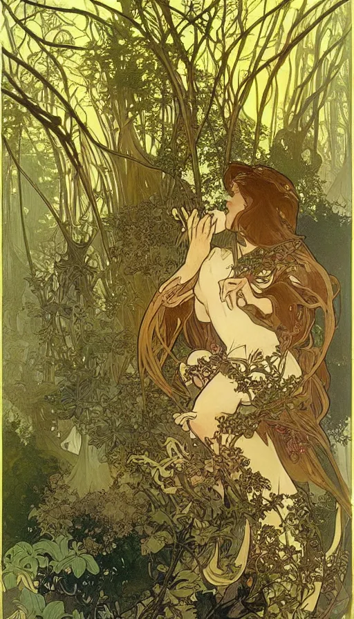 Image similar to concept art, lush forest, magic, gnarly details, gold, gems, dramatic lighting, denoised, painted by alphonse mucha