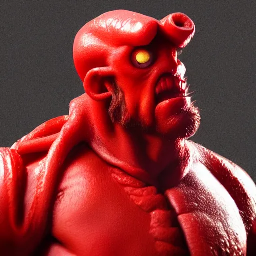 Prompt: realistic hellboy made out of twizzlers, render
