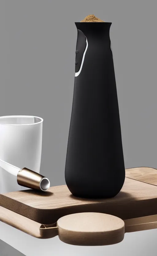 Image similar to a stylish handheld electric frother and powdered beverage mixer ; designed by marc newsom, zaha hadid, blonde, joseph and joseph, frother ; natural materials ; industrial design ; behance ; le manoosh ; pinterest ; if design award ; reddot design award