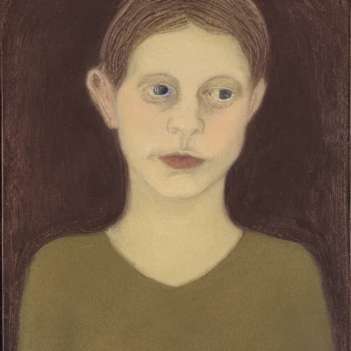 Prompt: violet, family guy by albert pinkham ryder. a beautiful land art. she looks up at me, up & down. she has short - cropped hair, & a scar on her left cheekbone : just a line of black against her deep tan, precise & geometrical. her eyes are pale green.