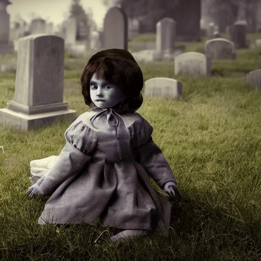 Image similar to an ethereal child's doll wearing victorian clothing and a sinister expression, sitting on a headstone in a cemetery, plague, fireflies, octane render, hypperreal, moody, cinematic composition, cinematic lighting, eerie, gothic, 8 k, hyper details, unreal engine, octane render